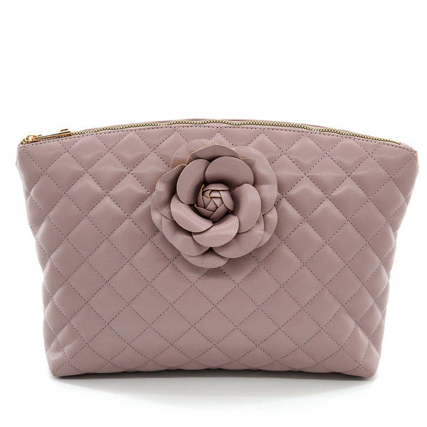 Flower Diamond Quilted– Large Capacity Top Zip Pouch (Beige)