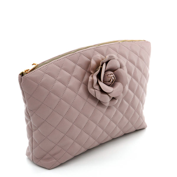 Flower Diamond Quilted– Large Capacity Top Zip Pouch (Beige)